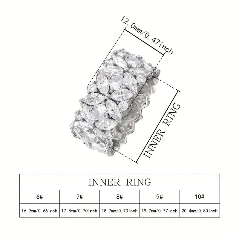 Zilveren brede ring met marquise zirkonia bloemtros