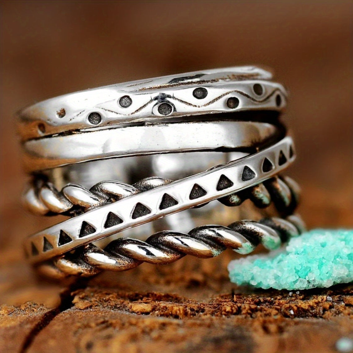 Zilveren brede draairing met turquoise accent