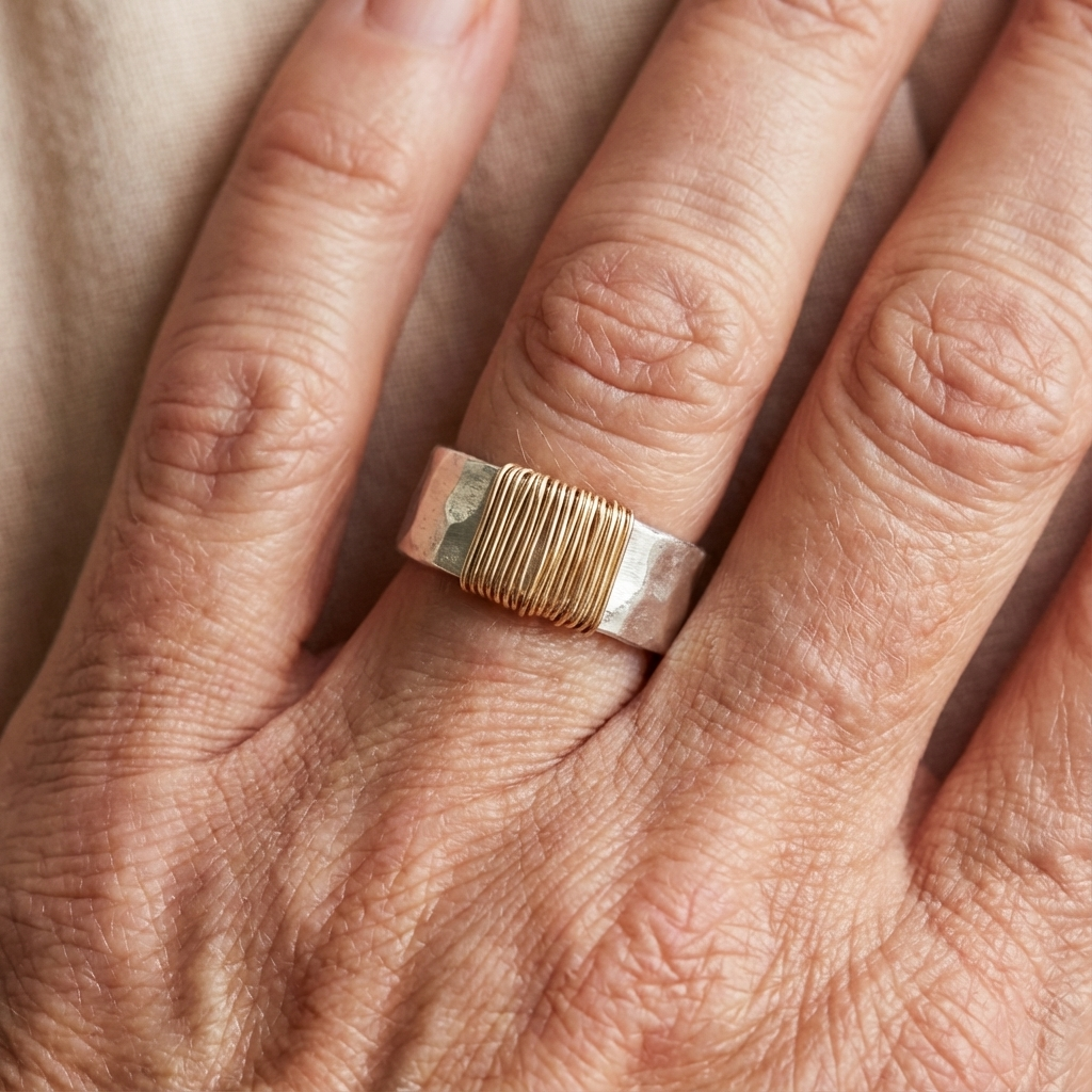 Zilveren gehamerde ring met gouden draadwikkeling