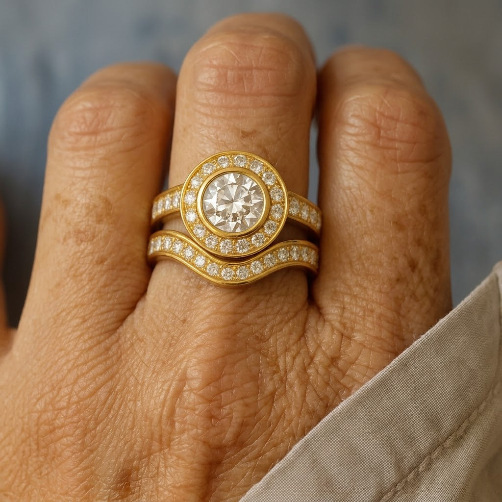 Gouden ringenset met halo kristal en pavé band
