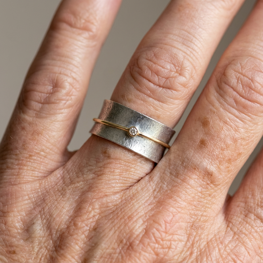 Zilveren brede ring met gouden draad en diamantje