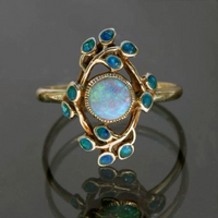 Gouden vintage ring met opaal en turquoise emaille