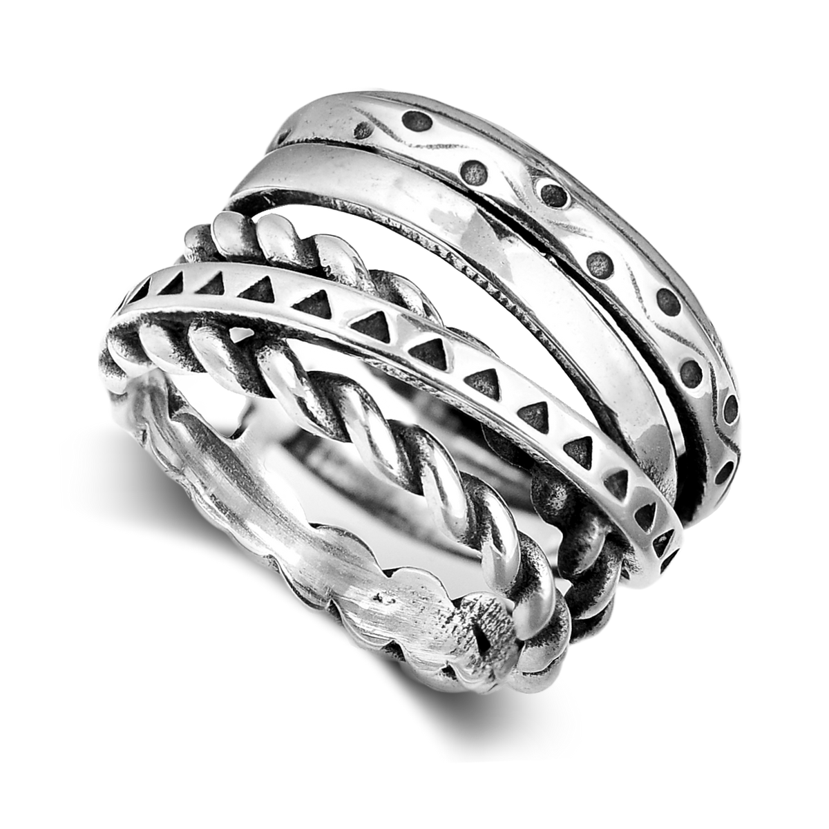 Zilveren brede bandring met Azteeks bohemian motief