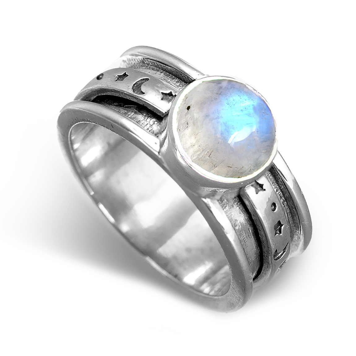 Zilveren ring met maansteen, sterren en maan