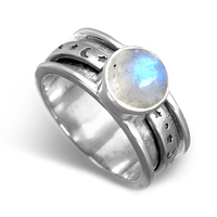 Zilveren ring met maansteen, sterren en maan