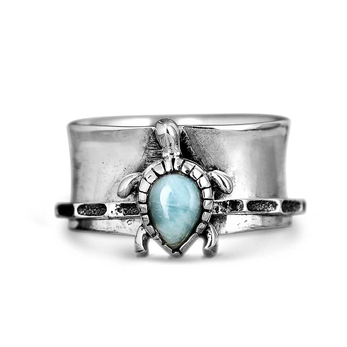 Zilveren brede ring met schildpad en larimar