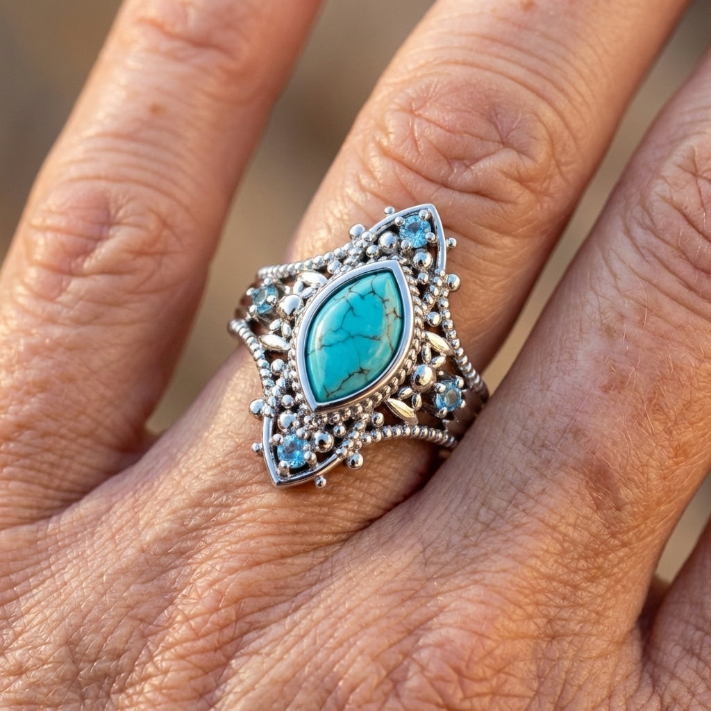 Zilveren vintage ring met marquise turkoois en blauwe steentjes