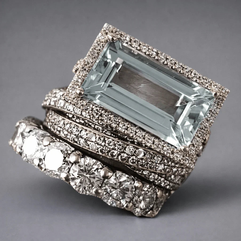 Zilveren ring met lichtblauwe aquamarijn en diamanten