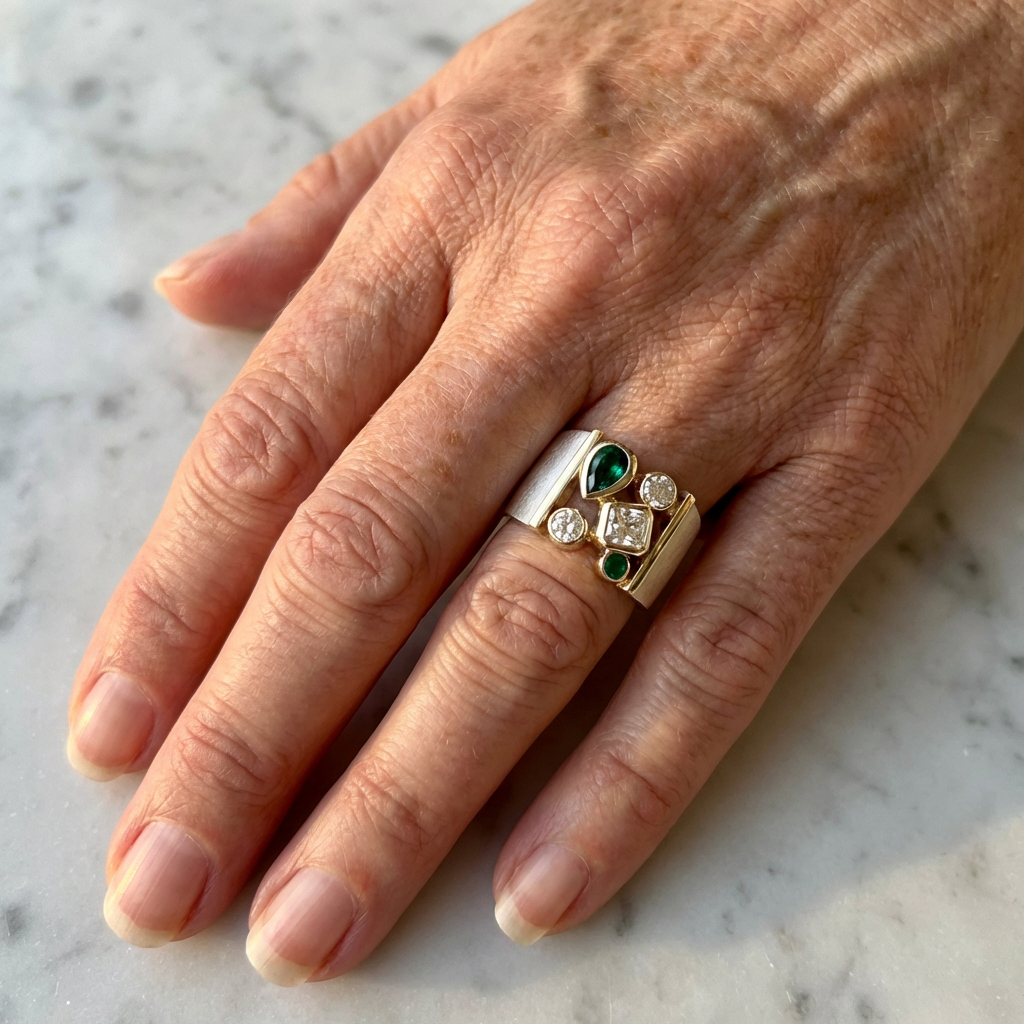 Brede zilveren ring met smaragd en heldere stenen