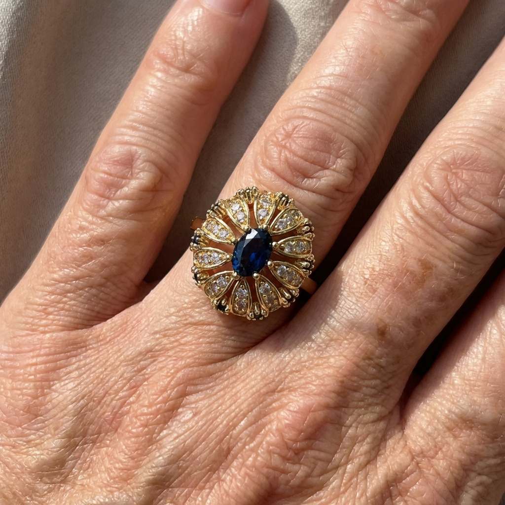 Gouden vintage ring met blauwe ovale steen en zirkonia