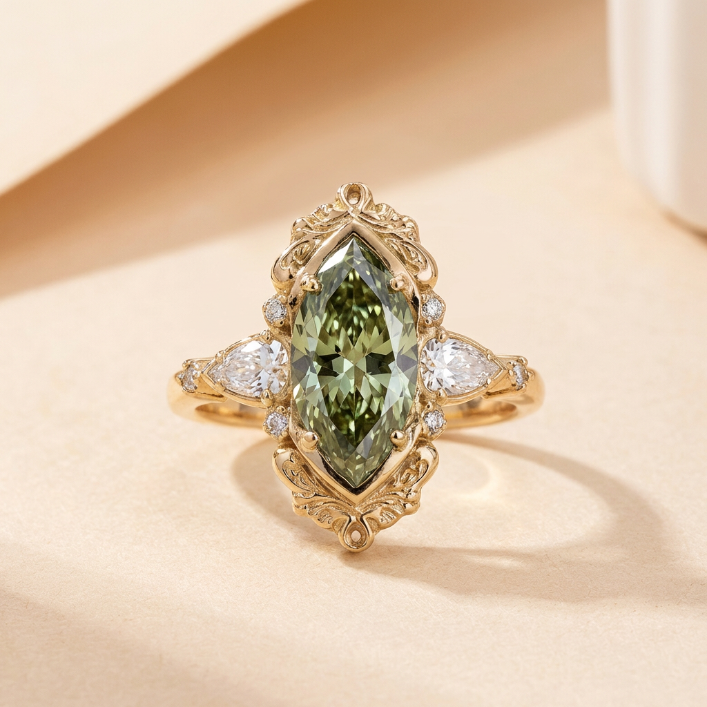 Gouden ring met groene marquise zirkonia en halo