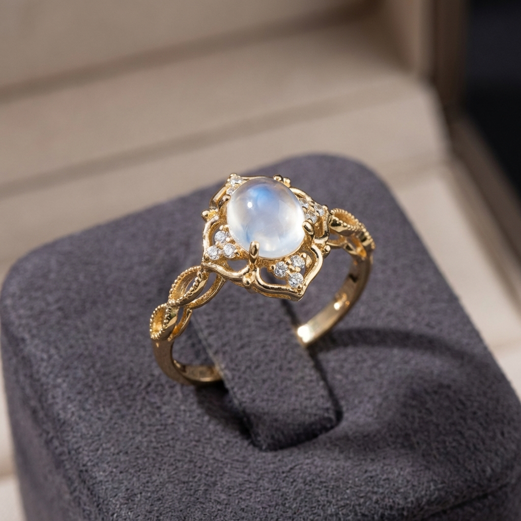 Gouden vintage ring met maansteen en zirkonia