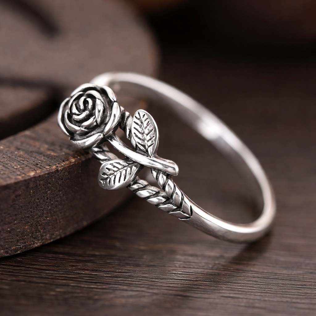 Zilveren ring met roos en bladranken