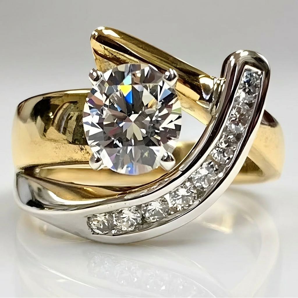 Gouden ring met ronde zirkonia en gekruiste band
