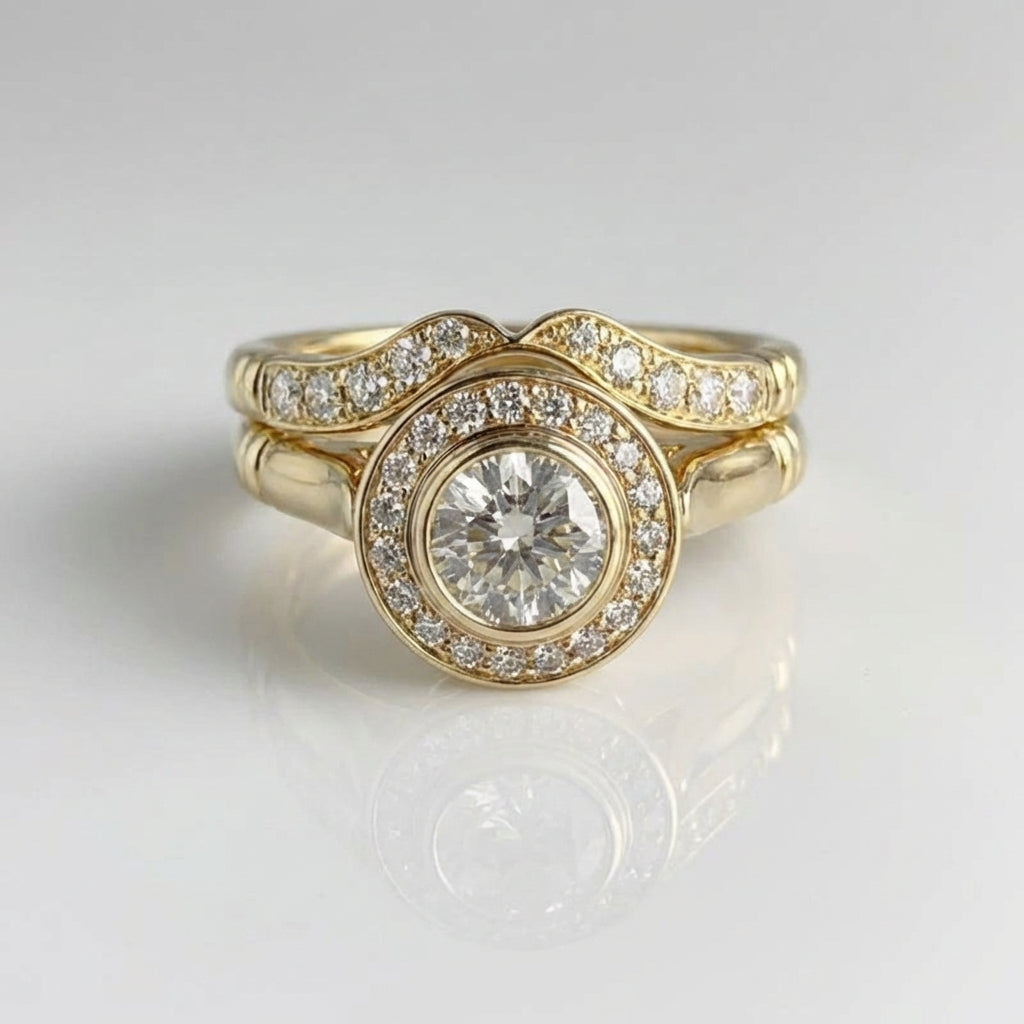 Gouden ringenset met ronde zirkonia in halo en gebogen band