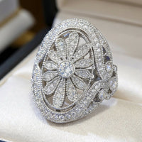 Zilveren vintage ovale ring met zirkonia bloemmotief