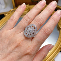 Zilveren vintage ovale ring met zirkonia bloemmotief