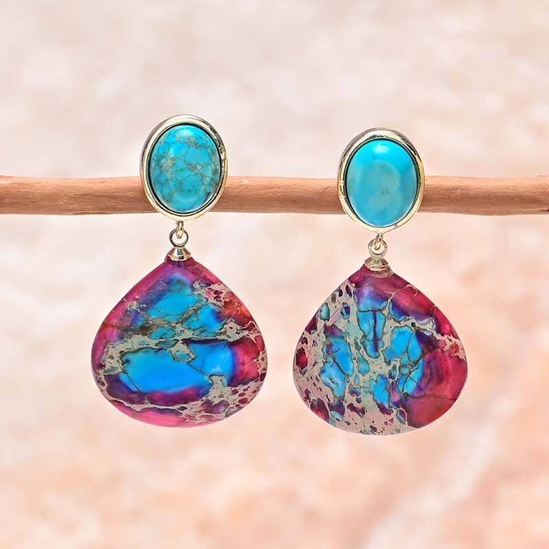 Gouden oorbellen met turkoois en roze-blauwe jaspis