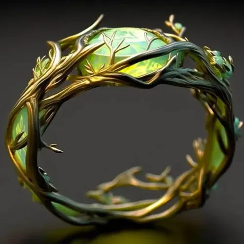 Gouden ring met groene opaal en takjesmotief