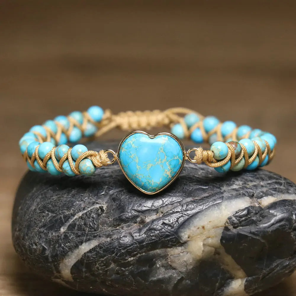 Boho gevlochten armband met turquoise hart en kralen