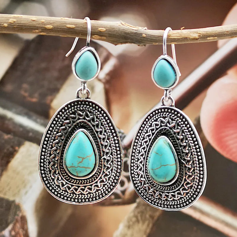 Bohemian zilveren oorbellen met turquoise druppel