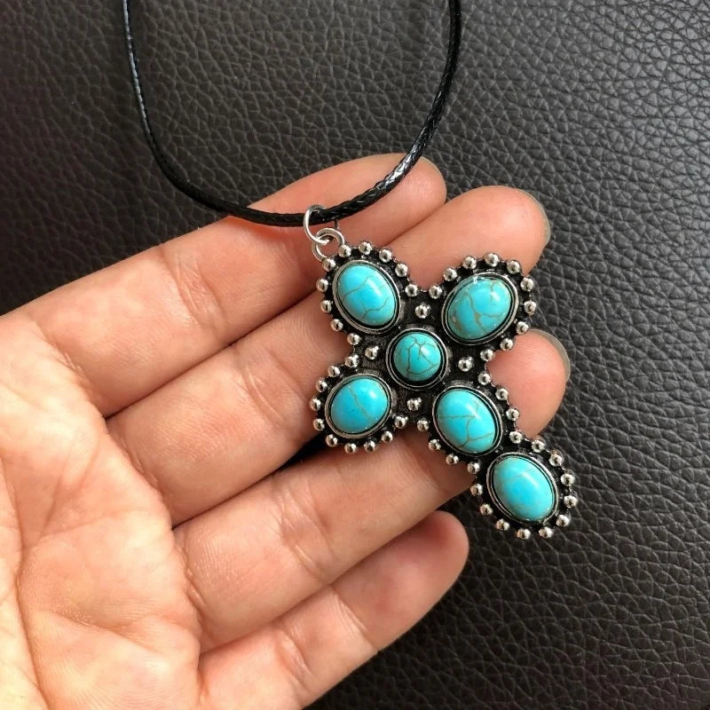 Bohemian zilveren ketting met turquoise kruishanger
