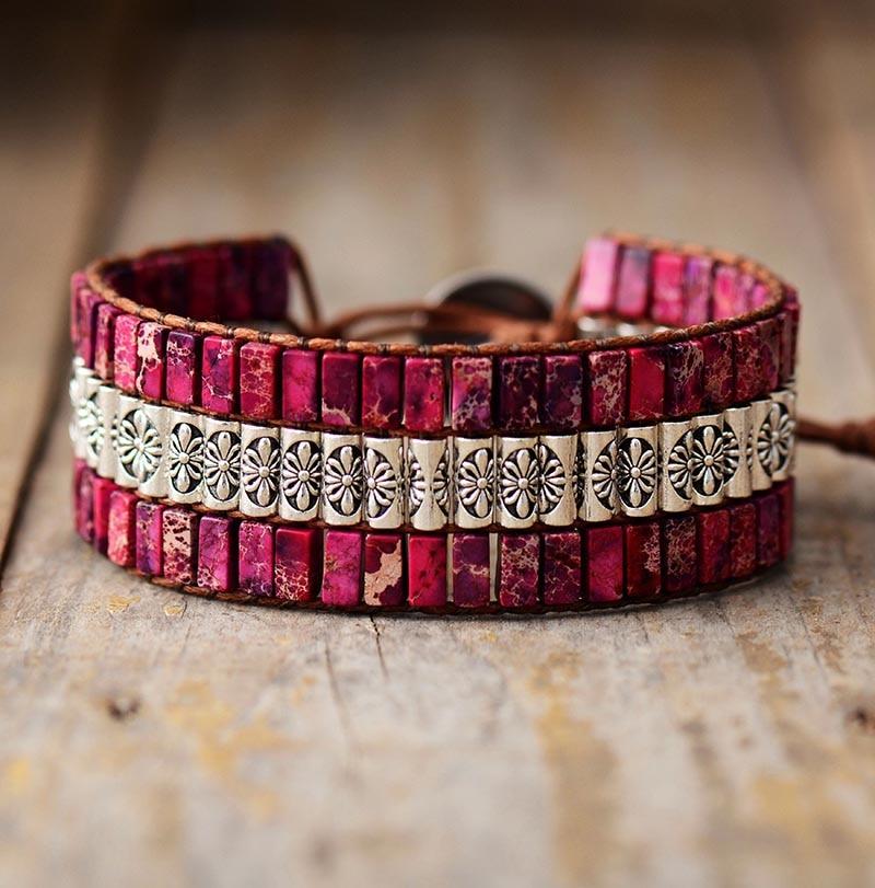 Boho leren armband met turquoise tegels en bloemband