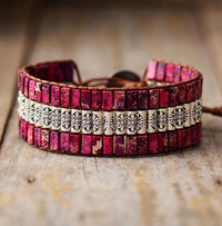 Boho leren armband met turquoise tegels en bloemband