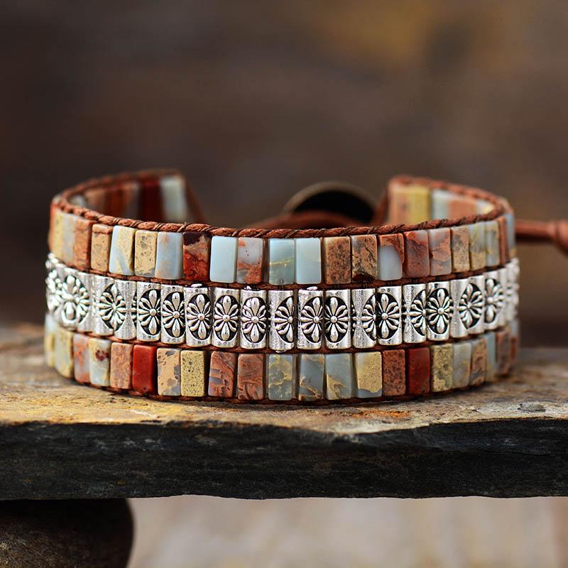Boho leren armband met turquoise tegels en bloemband
