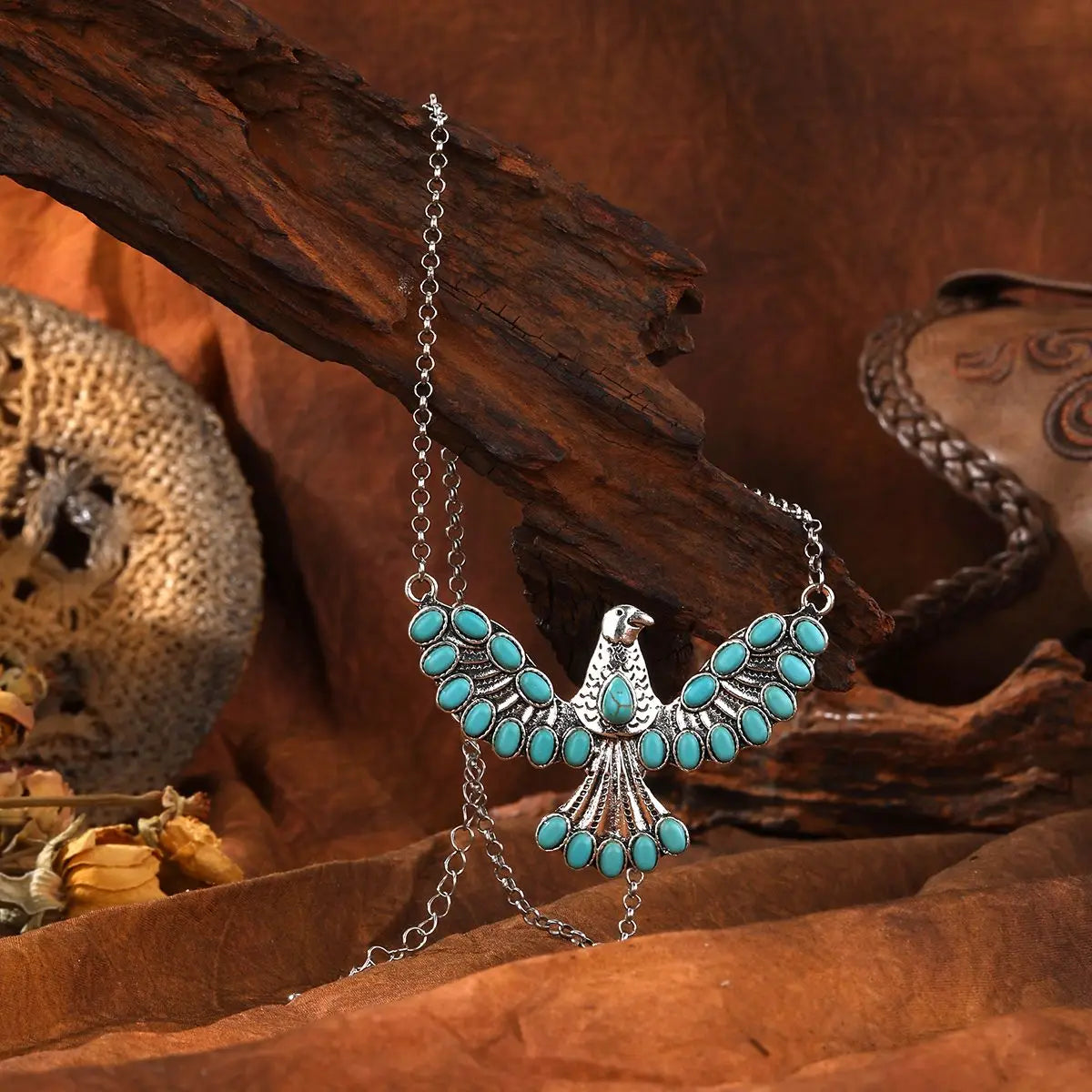 Bohemian zilveren ketting met turquoise adelaarhanger