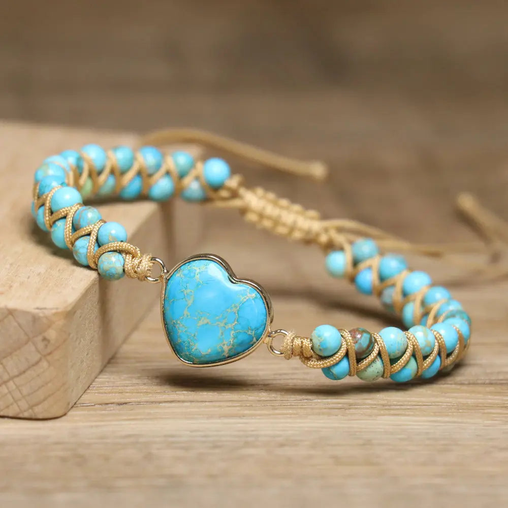 Boho gevlochten armband met turquoise hart en kralen