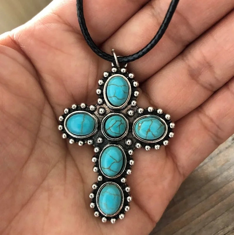 Bohemian zilveren ketting met turquoise kruishanger