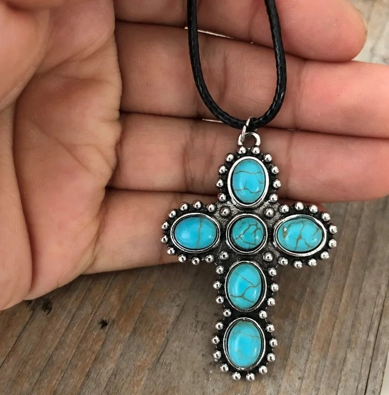Bohemian zilveren ketting met turquoise kruishanger