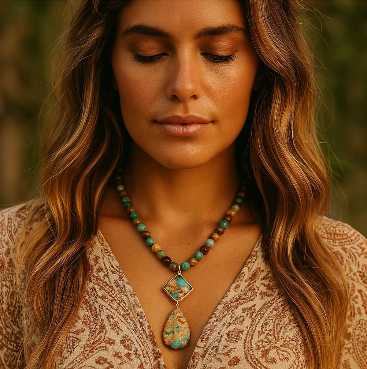 Bohemian kralenketting met meerkleurige jaspis-hanger