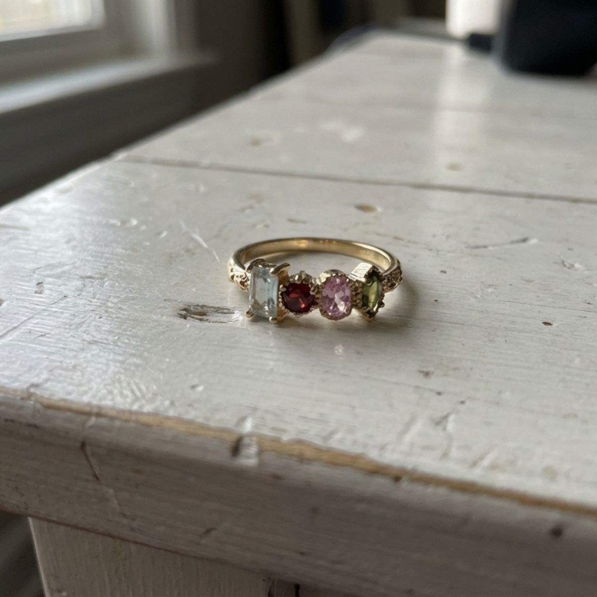 Gouden ring met meerkleurige edelstenen