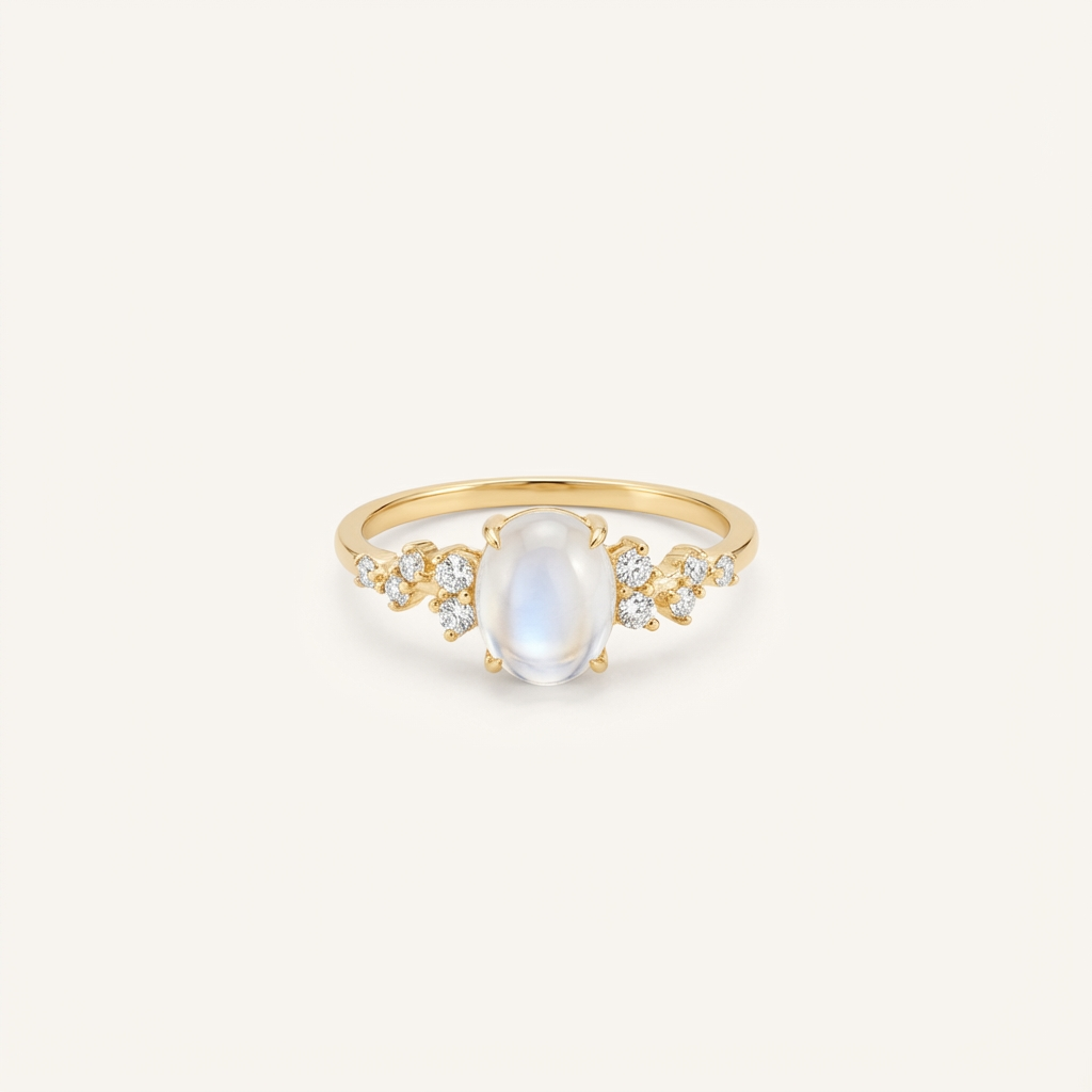 Gouden ring met ovale maansteen en diamanten