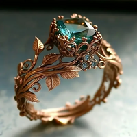 Roségouden vintage ring met groene edelsteen en bladmotief