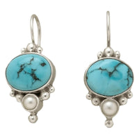 Zilveren vintage oorbellen met turquoise en parel