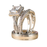 Gouden ringenset met princess-geslepen zirkonia en gevlochten band