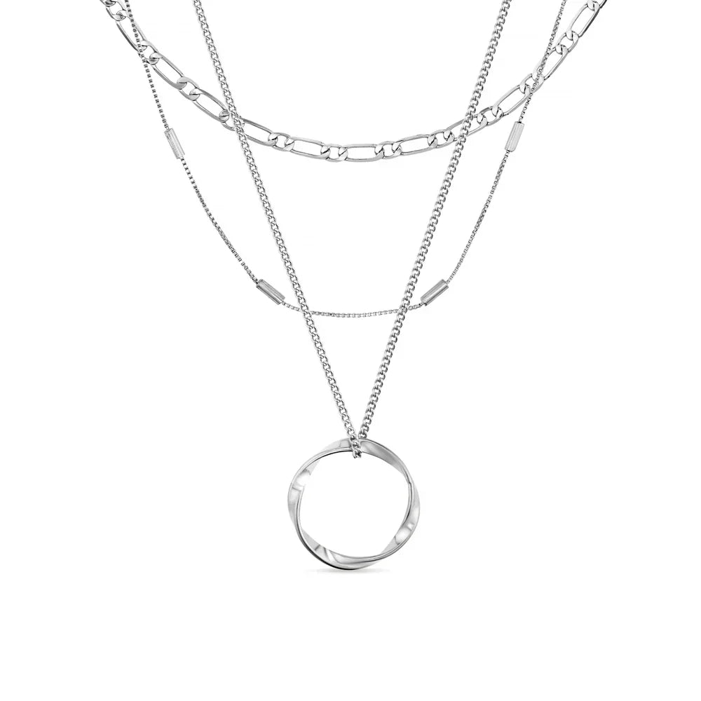 Zilveren gelaagde ketting met opengewerkte ring hanger