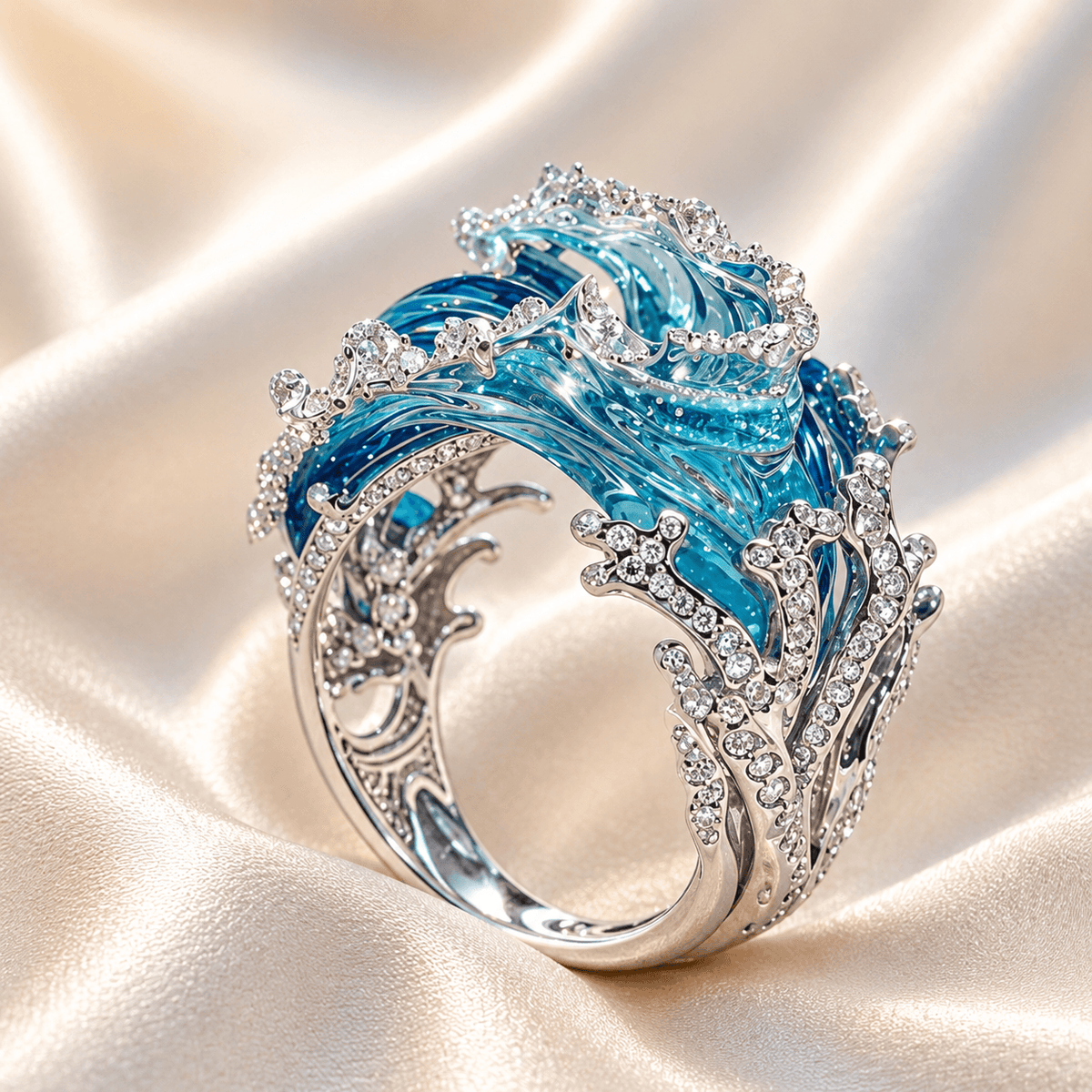 Zilveren ring met blauwe golf en zirkonia