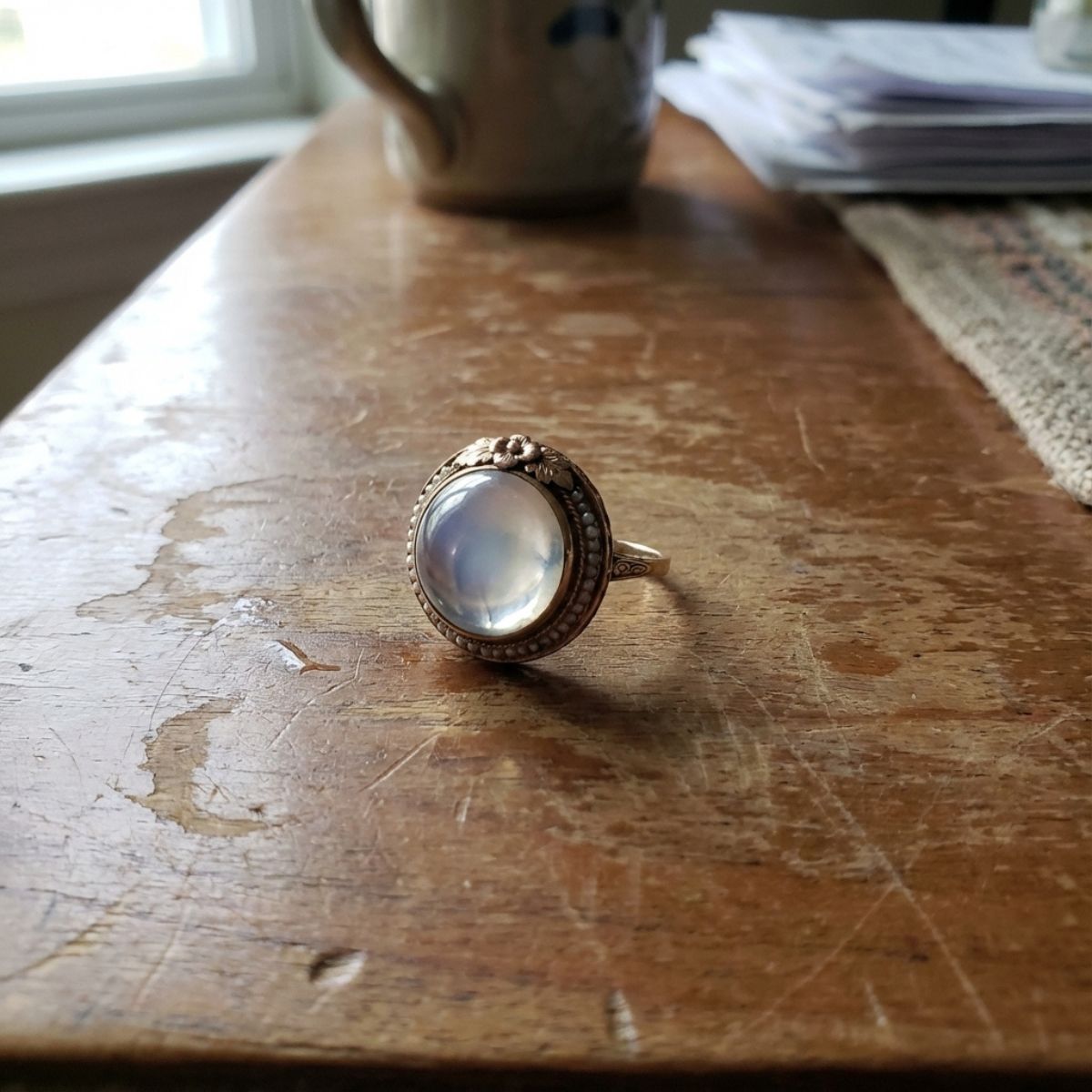 Gouden vintage ring met grote maansteen en bloemmotief