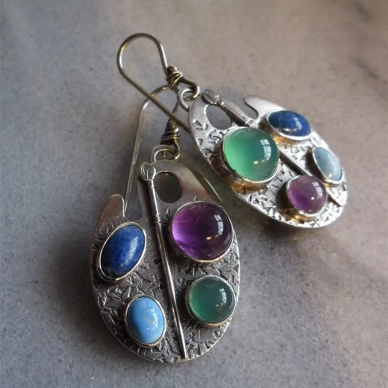 Zilveren palet-oorbellen met meerkleurige cabochons