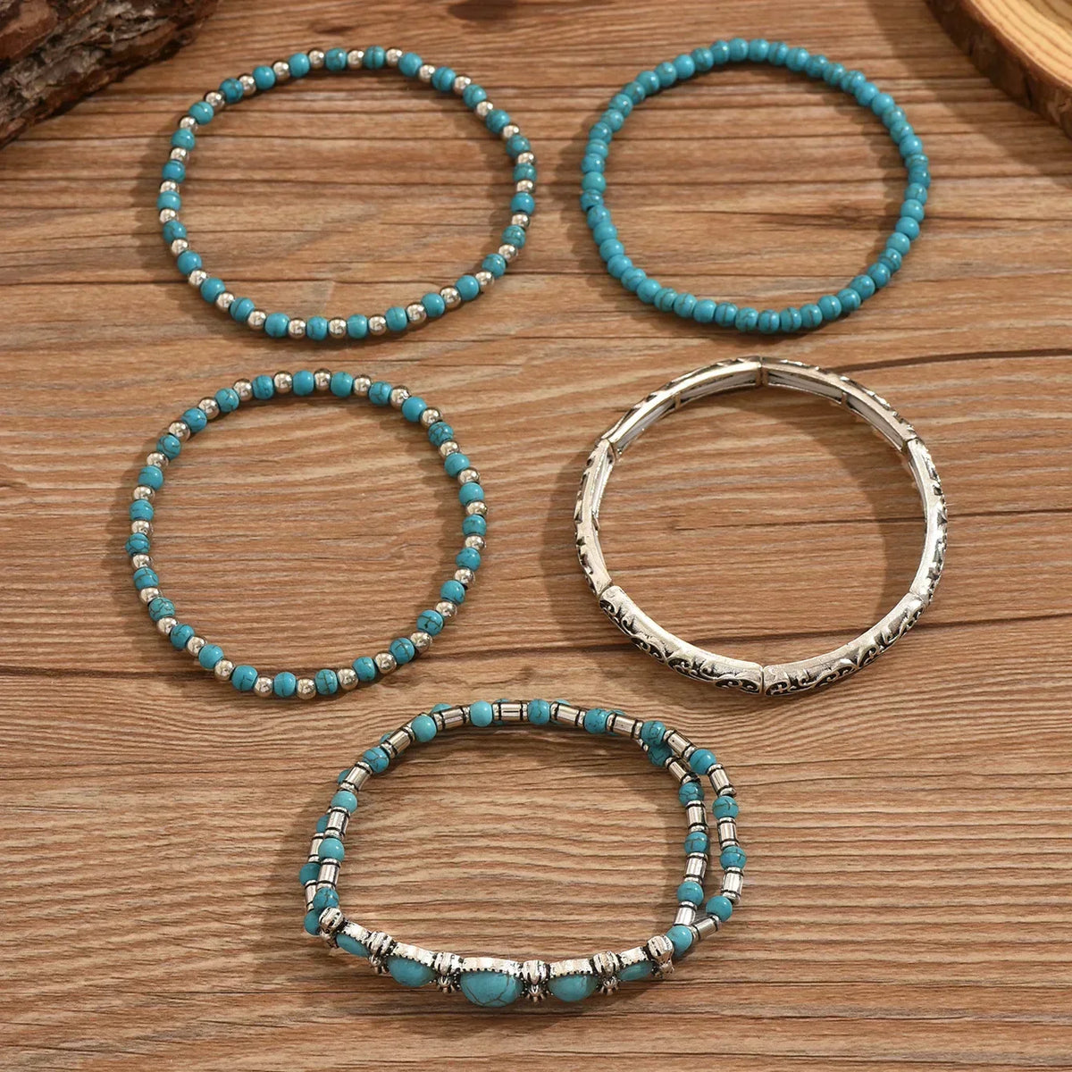 Zilveren bohemian armbandenset met turquoise kralen