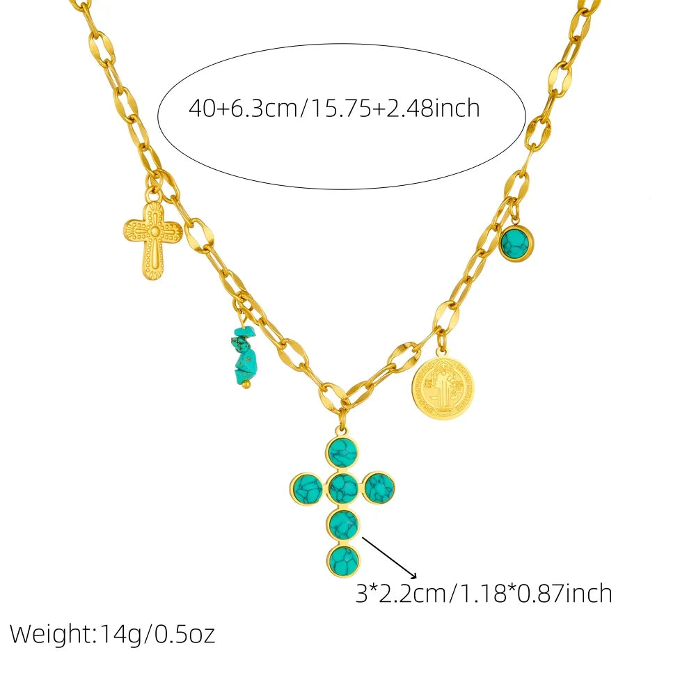 Gouden bedelketting met turquoise kruis