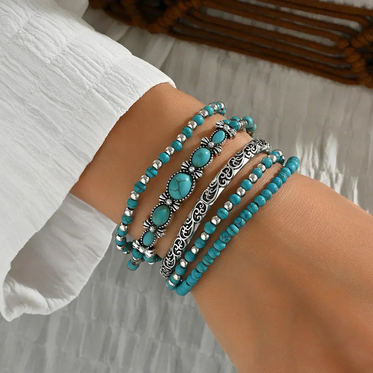 Zilveren bohemian armbandenset met turquoise kralen