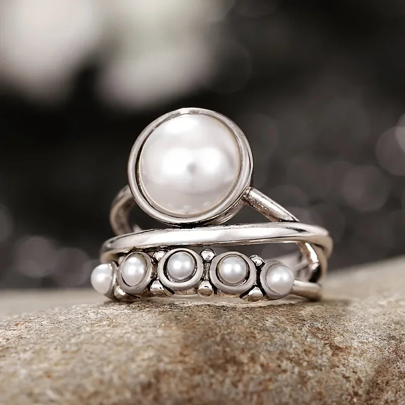 Zilveren ringenset met witte parels