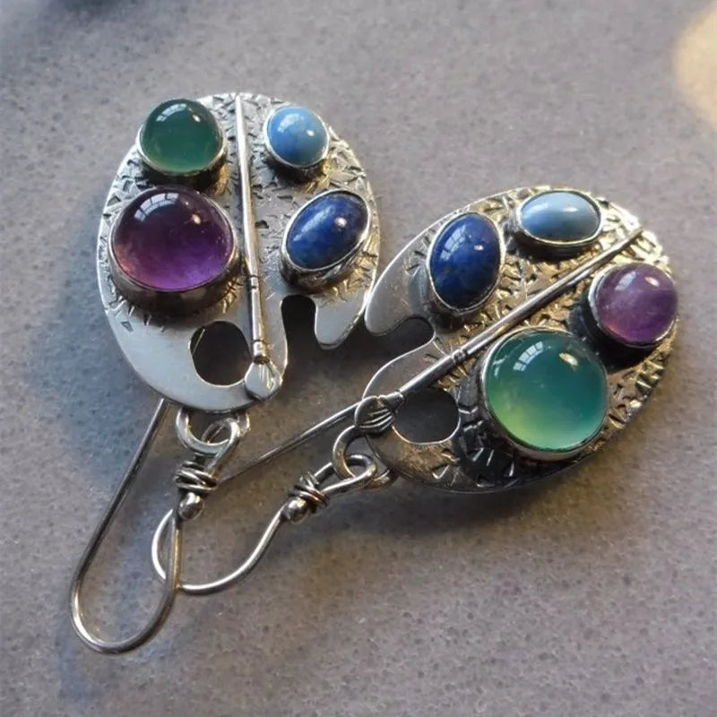Zilveren palet-oorbellen met meerkleurige cabochons