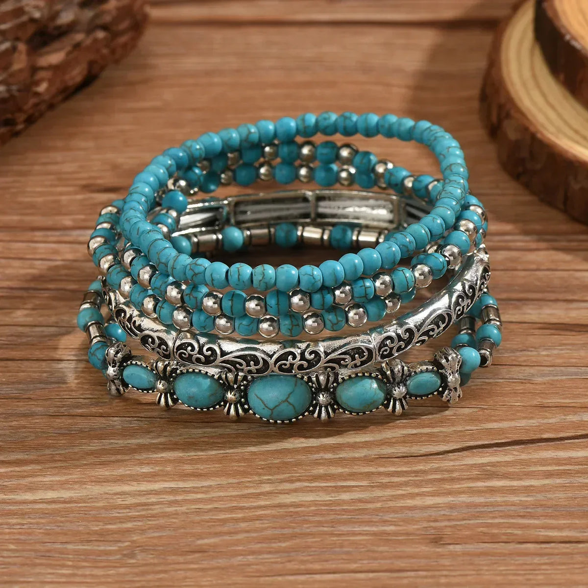Zilveren bohemian armbandenset met turquoise kralen