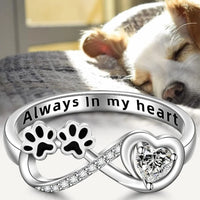 Zilveren ring met pootjes en hart Always in my heart